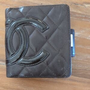 Authentic Chanel Brown Quilted Ligne Cambon Compact Bifold Wallet With COA